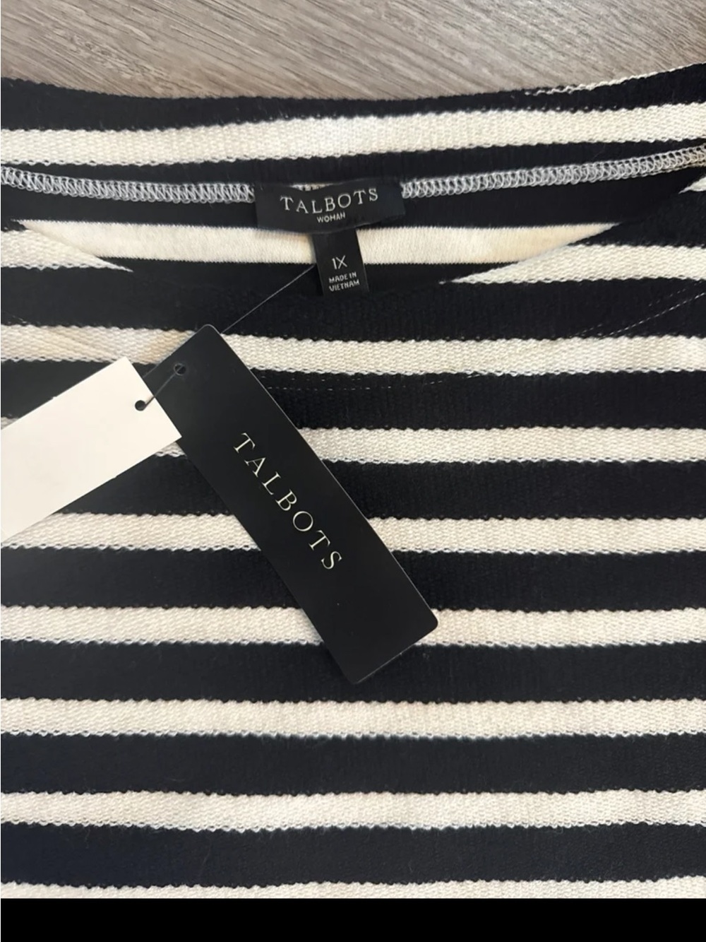 Talbots Black & Ivory Stripe French Terry 3/4 Sleeve Top Side Splits Sz.1X NWT